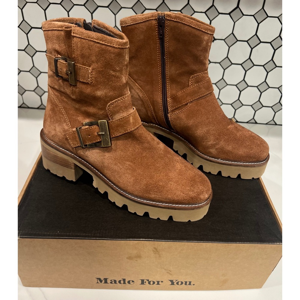 Vintage Foundry Co VFL340 Brown Suede Moto Ankle Boots Lug Sole Buckle US 9